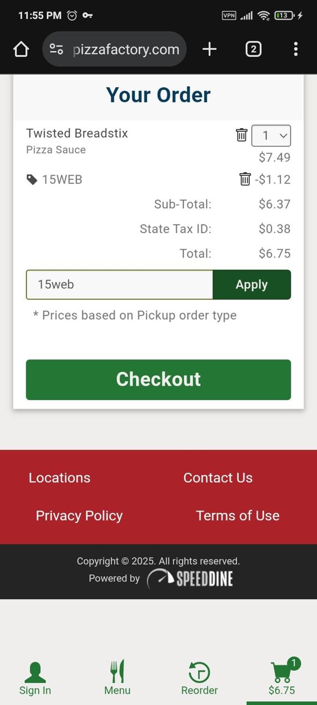 Pizza Factory checkout page showing Pizza Factory coupon code box | Screenshot taken by SimplyCodes community member on Sep 17, 2025
