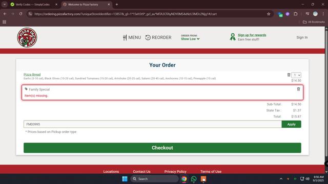 Pizza Factory checkout page showing Pizza Factory coupon code box | Screenshot taken by SimplyCodes community member on Sep 5, 2025