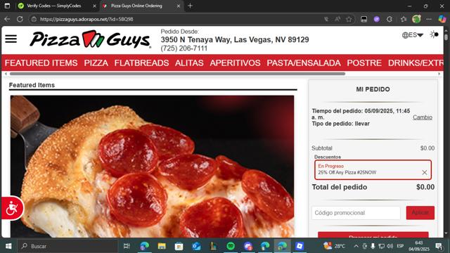 Pizza Guys checkout page showing Pizza Guys coupon code box | Screenshot taken by SimplyCodes community member on Sep 4, 2025