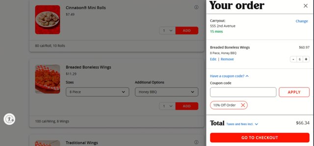Pizza Hut checkout page showing Pizza Hut coupon code box | Screenshot taken by SimplyCodes community member on Jul 19, 2025