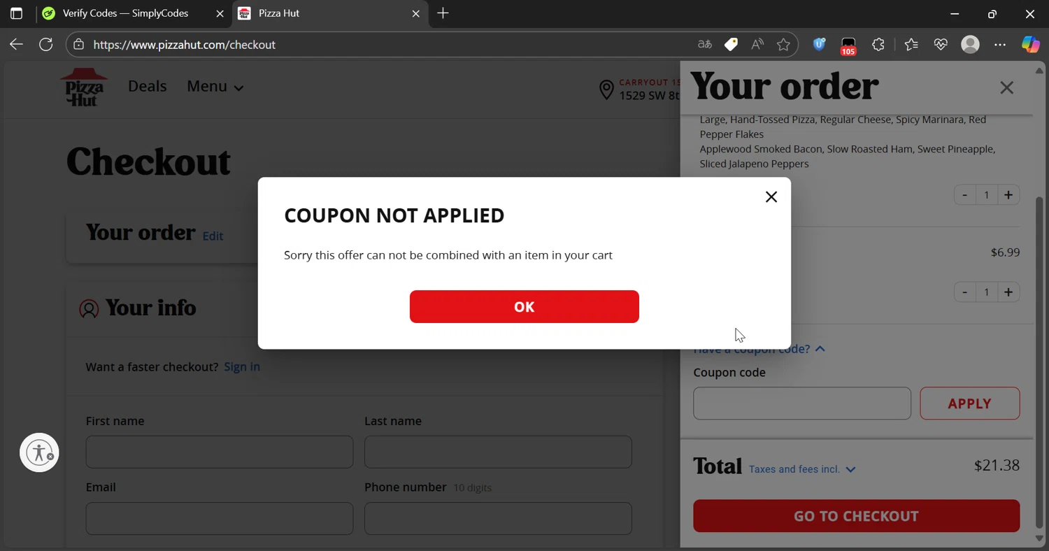 Pizza Hut coupon code screenshot showing code MILITARY applied at Pizza Hut checkout page. Uploaded by SimplyCodes community member Lamine_Yamal on Aug 1, 2025