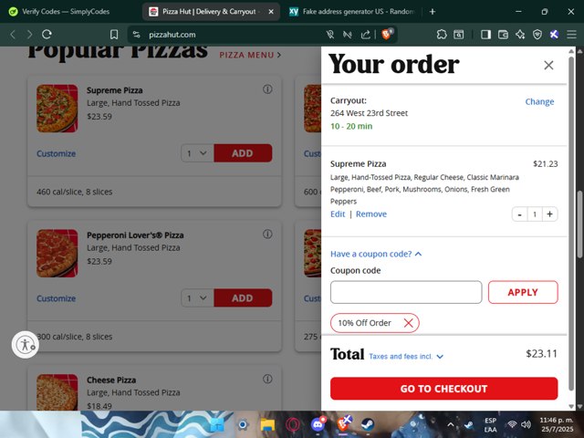 Pizza Hut checkout page showing Pizza Hut coupon code box | Screenshot taken by SimplyCodes community member on Jul 26, 2025