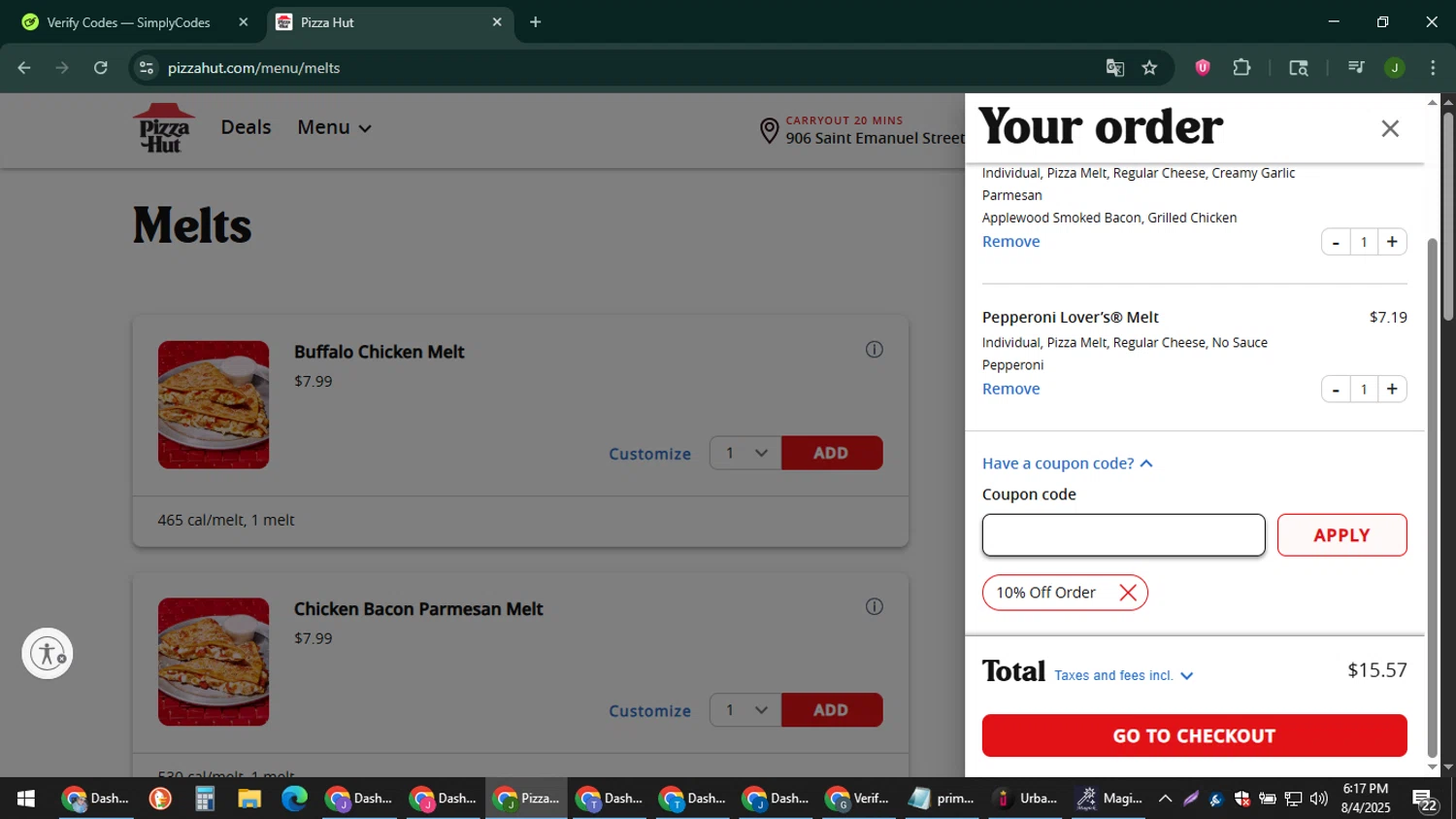 Pizza Hut coupon code screenshot showing code MILITARY applied at Pizza Hut checkout page. Uploaded by SimplyCodes community member ShieldFinder369 on Aug 4, 2025