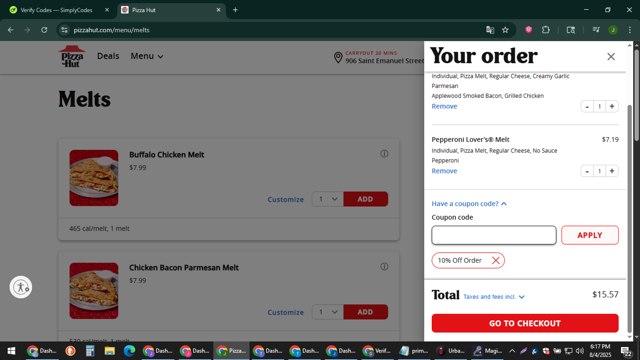 Pizza Hut checkout page showing Pizza Hut coupon code box | Screenshot taken by SimplyCodes community member on Aug 4, 2025