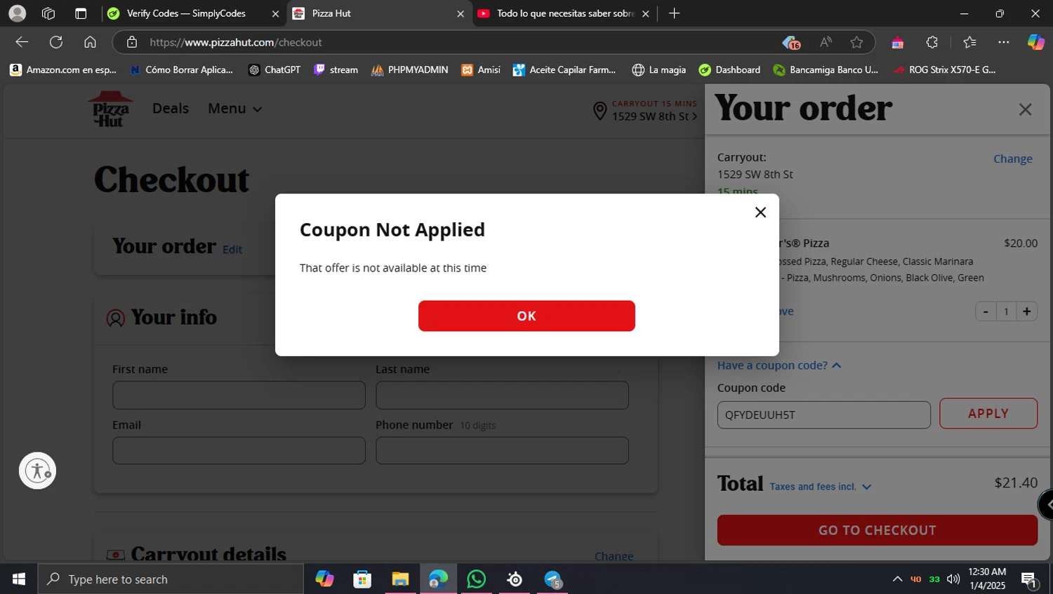 Pizza Hut coupon code screenshot showing code QFYDEUUH5T applied at Pizza Hut checkout page. Uploaded by SimplyCodes community member lunita on Jan 4, 2025