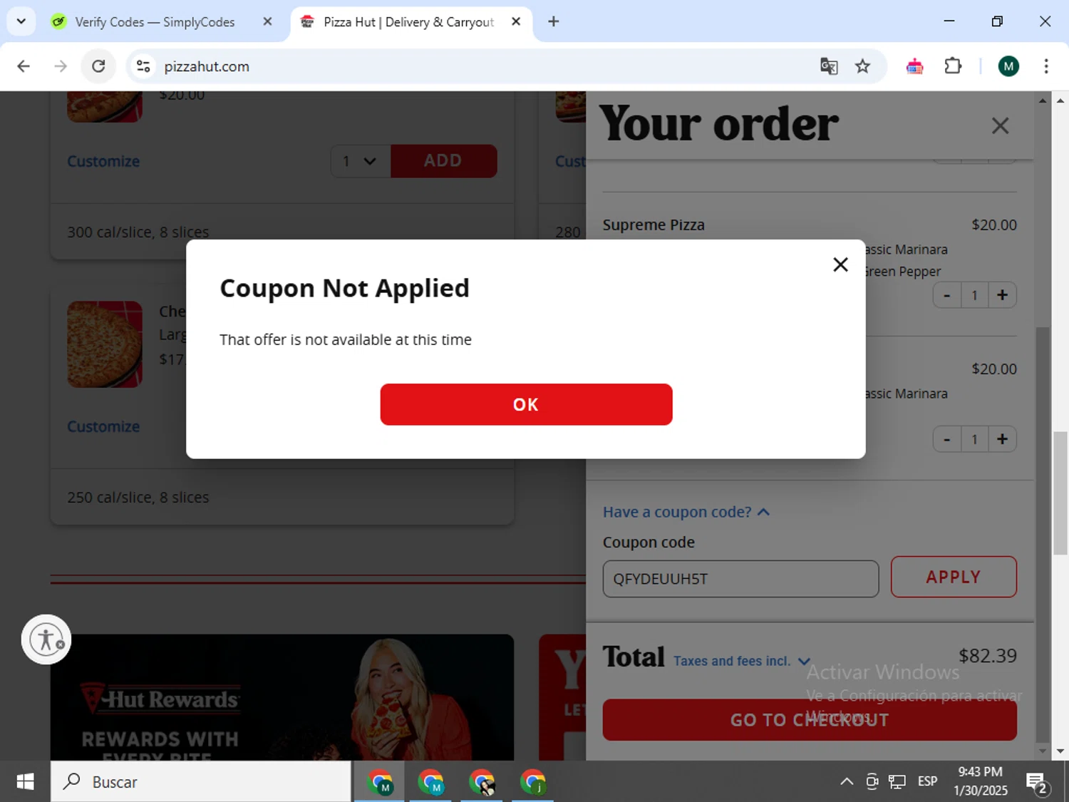 Pizza Hut coupon code screenshot showing code QFYDEUUH5T applied at Pizza Hut checkout page. Uploaded by SimplyCodes community member Jorgeluisvera on Jan 31, 2025
