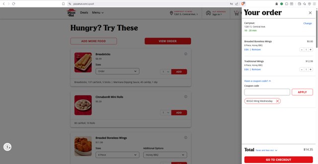 Pizza Hut checkout page showing Pizza Hut coupon code box | Screenshot taken by SimplyCodes community member on Jul 30, 2025