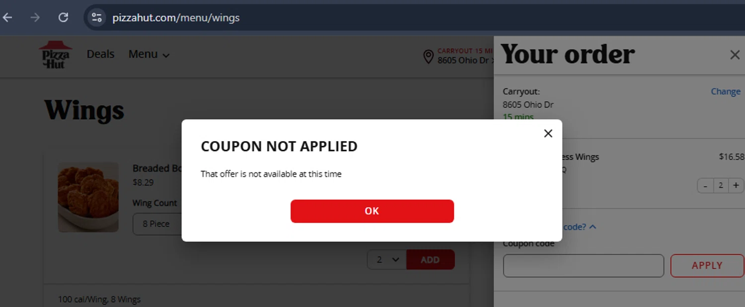 Pizza Hut coupon code screenshot showing code BOGOWINGS applied at Pizza Hut checkout page. Uploaded by SimplyCodes community member six_eyes on Aug 17, 2025