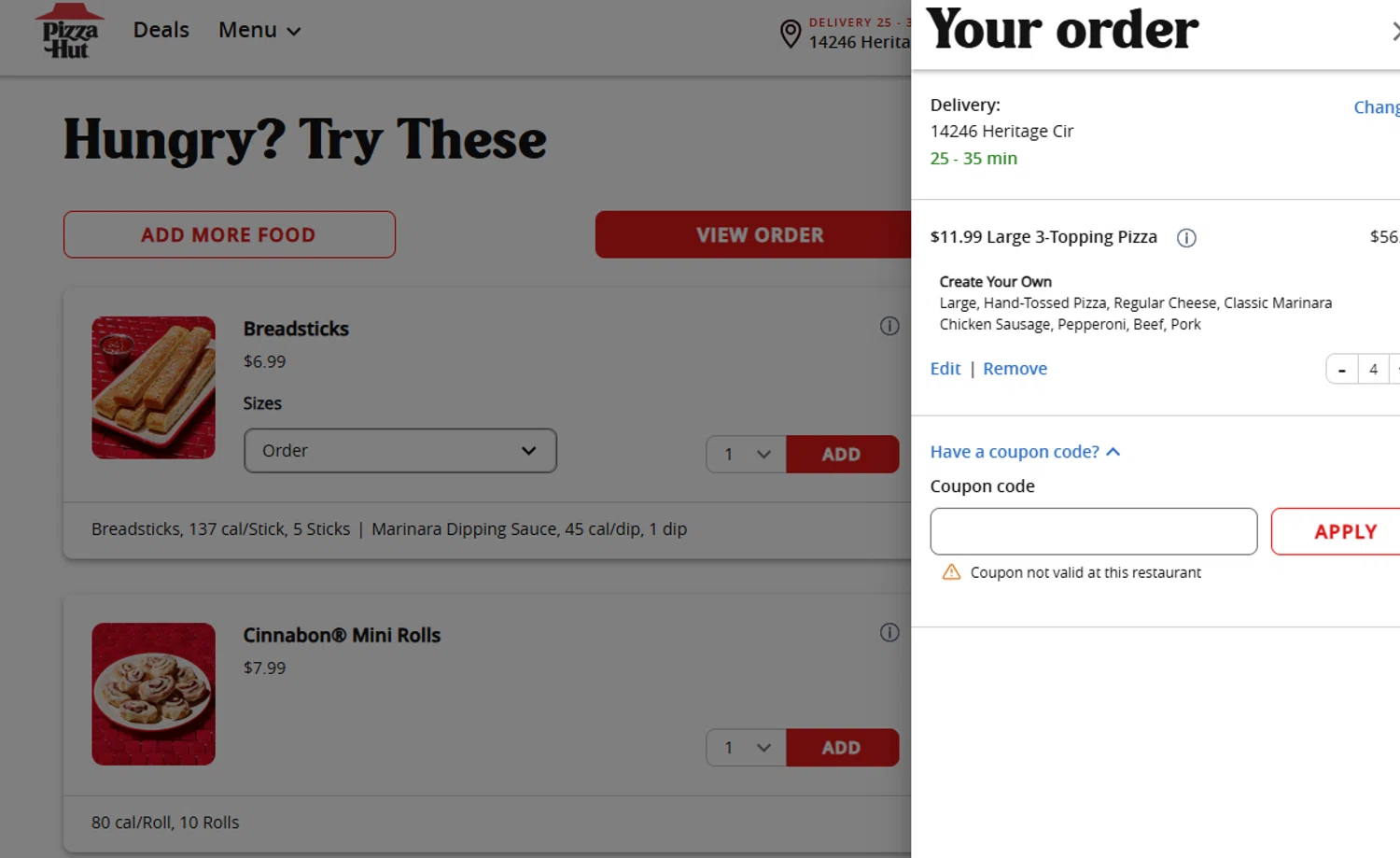 Pizza Hut coupon code screenshot showing code huthut25 applied at Pizza Hut checkout page. Uploaded by SimplyCodes community member Dallas on Aug 10, 2025
