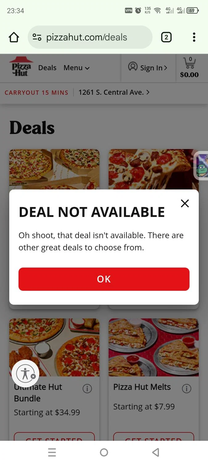 Pizza Hut coupon code screenshot showing code BOGOWINS applied at Pizza Hut checkout page. Uploaded by SimplyCodes community member rafaelmarquez on Aug 15, 2025