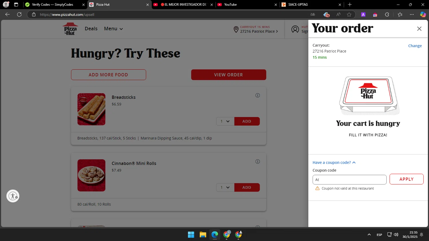 Pizza Hut coupon code screenshot showing code At applied at Pizza Hut checkout page. Uploaded by SimplyCodes community member tonikros on Jan 31, 2025