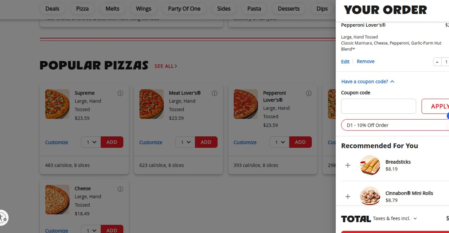 Pizza Hut promo code screenshot showing code MILITARY applied at Pizza Hut checkout page. Uploaded by SimplyCodes community member CARAJITA on Jun 15, 2026