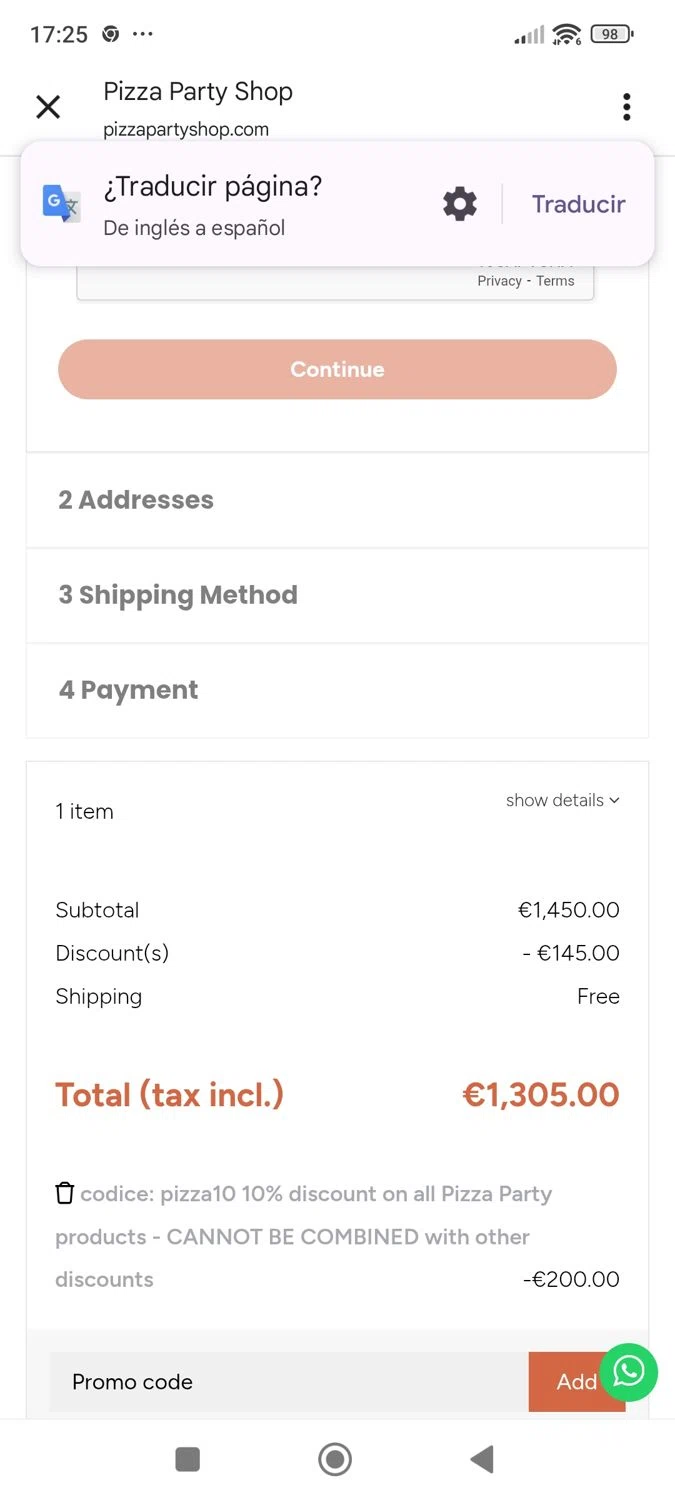 Pizza Party Shop promo code screenshot showing code PIZZA10 applied at Pizza Party Shop checkout page. Uploaded by SimplyCodes community member ShieldWhiz4659 on Oct 30, 2025