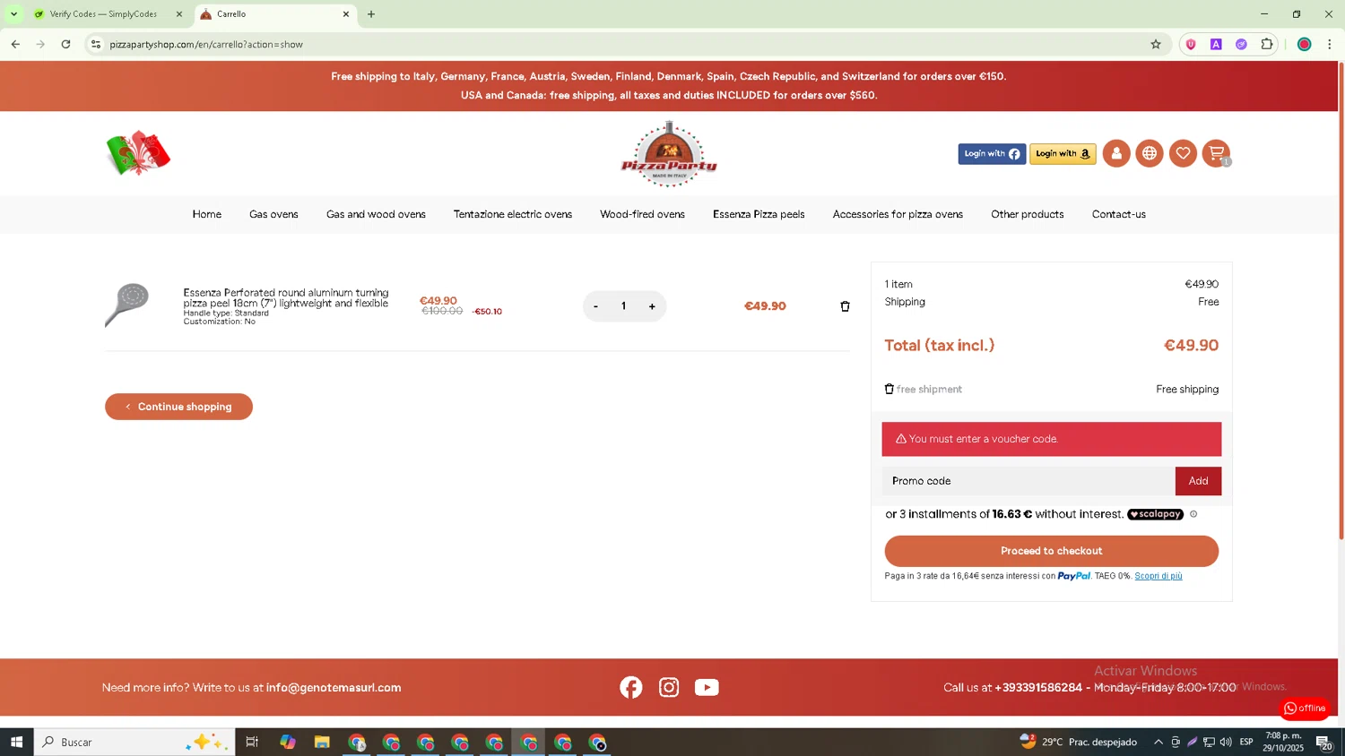 Pizza Party Shop promo code screenshot showing code FREESHIP applied at Pizza Party Shop checkout page. Uploaded by SimplyCodes community member Robert_Williams on Oct 29, 2025