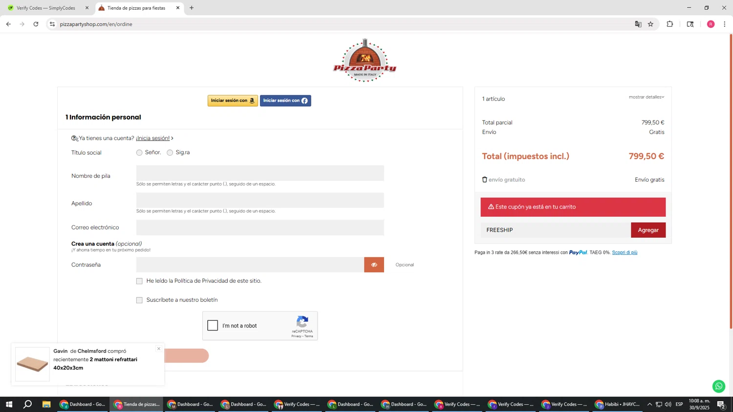 Pizza Party Shop checkout page showing Pizza Party Shop promo code box | Screenshot taken by SimplyCodes community member on Sep 30, 2025