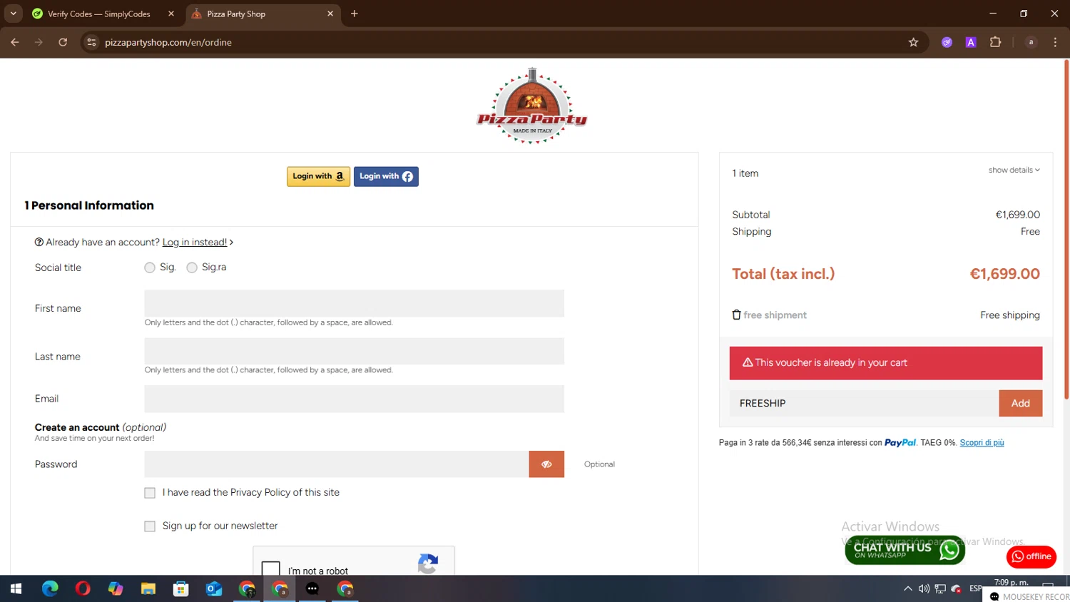 Pizza Party Shop promo code screenshot showing code FREESHIP applied at Pizza Party Shop checkout page. Uploaded by SimplyCodes community member lisandro on Oct 29, 2025