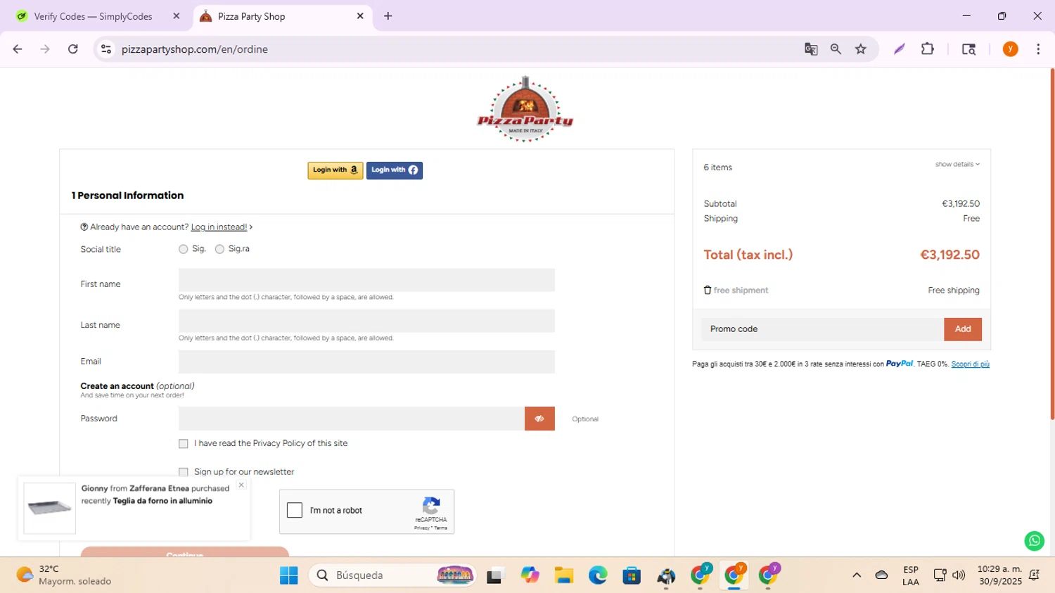 Pizza Party Shop checkout page showing Pizza Party Shop promo code box | Screenshot taken by SimplyCodes community member on Sep 30, 2025