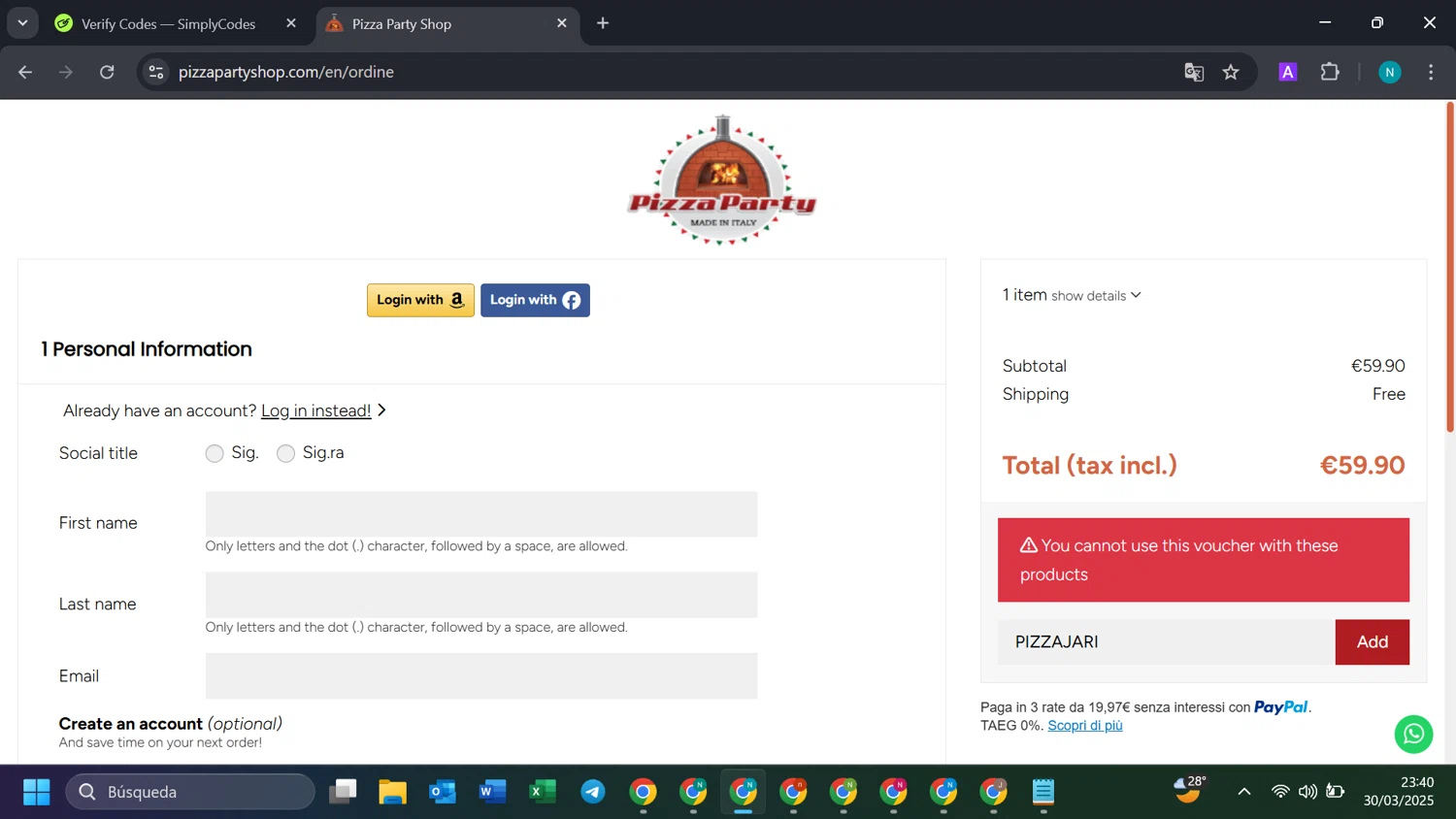 Pizza Party Shop promo code screenshot showing code PIZZAJARI applied at Pizza Party Shop checkout page. Uploaded by SimplyCodes community member DiscountGenius5394 on Mar 31, 2025
