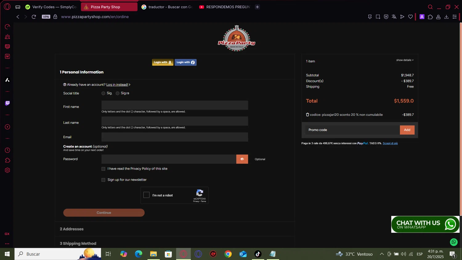 Pizza Party Shop promo code screenshot showing code PIZZAJARI20 applied at Pizza Party Shop checkout page. Uploaded by SimplyCodes community member MightyOwl9591 on Jul 20, 2025