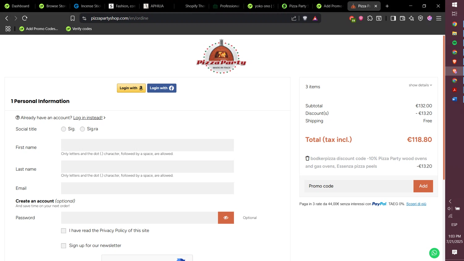Pizza Party Shop promo code screenshot showing code BODKERPIZZA10 applied at Pizza Party Shop checkout page. Uploaded by SimplyCodes community member yokoono10 on Jul 21, 2025