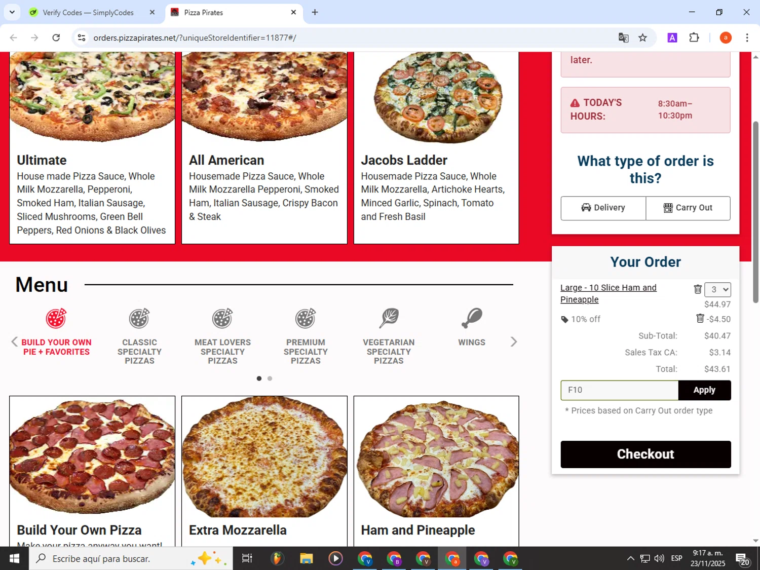 Pizza Pirates coupon code screenshot showing code F10 applied at Pizza Pirates checkout page. Uploaded by SimplyCodes community member partenalgas on Nov 23, 2025