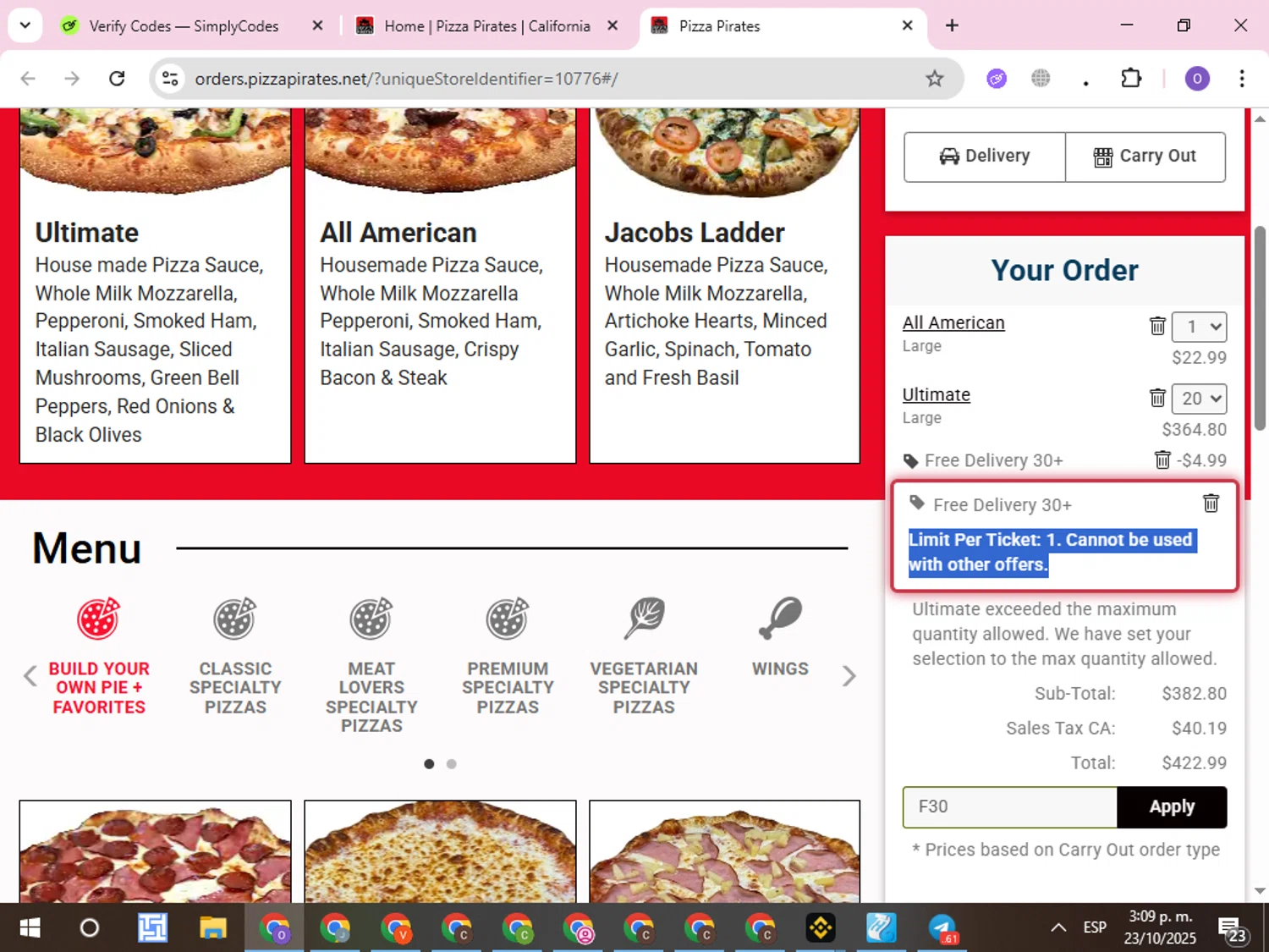 Pizza Pirates coupon code screenshot showing code F30 applied at Pizza Pirates checkout page. Uploaded by SimplyCodes community member CleverLynx8245 on Oct 23, 2025