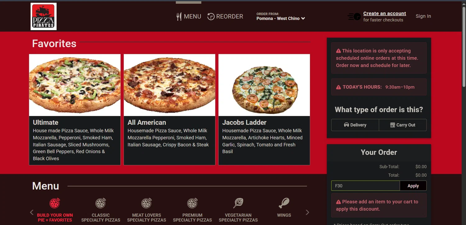 Pizza Pirates coupon code screenshot showing code F30 applied at Pizza Pirates checkout page. Uploaded by SimplyCodes community member Nor_man on Sep 24, 2025