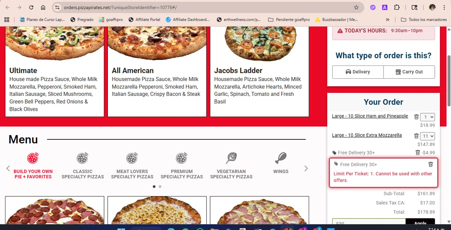 Pizza Pirates coupon code screenshot showing code F30 applied at Pizza Pirates checkout page. Uploaded by SimplyCodes community member luisaballera on Sep 24, 2025