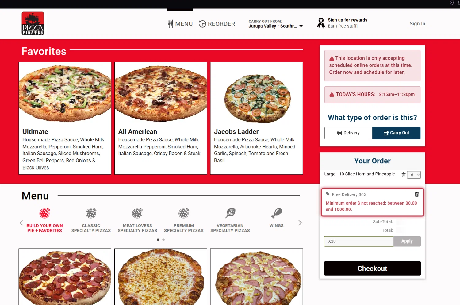 Pizza Pirates coupon code screenshot showing code X30 applied at Pizza Pirates checkout page. Uploaded by SimplyCodes community member Halanweik on Jan 24, 2026