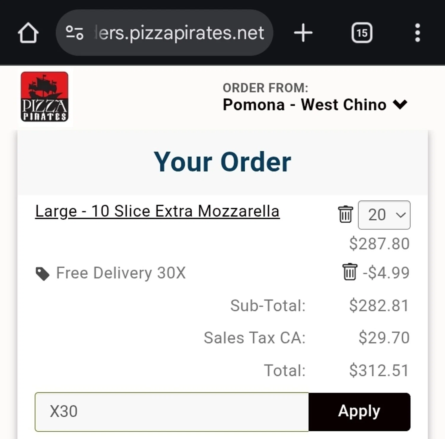 Pizza Pirates coupon code screenshot showing code X30 applied at Pizza Pirates checkout page. Uploaded by SimplyCodes community member ValiantCurator3344 on Nov 27, 2025