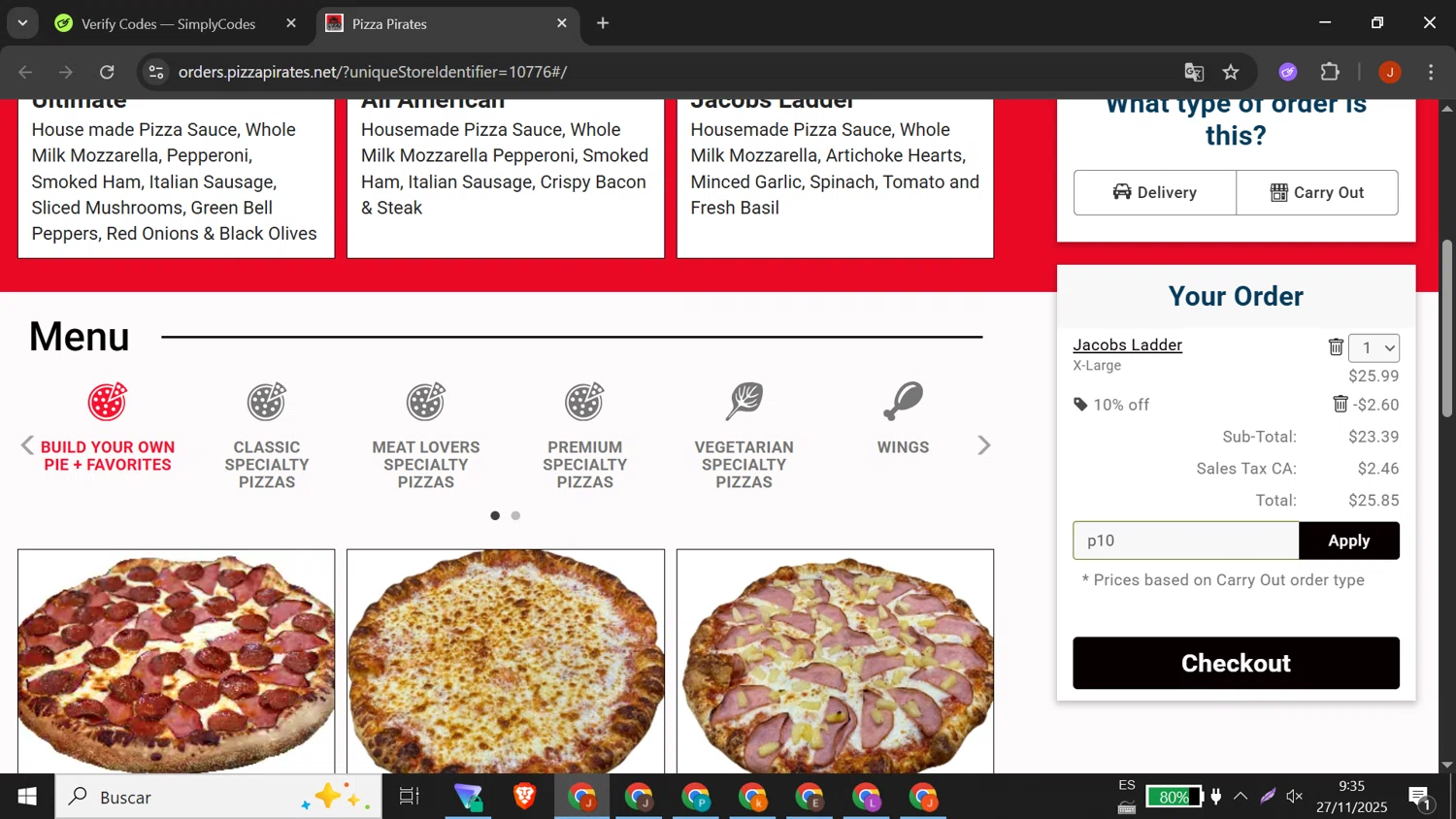 Pizza Pirates coupon code screenshot showing code p10 applied at Pizza Pirates checkout page. Uploaded by SimplyCodes community member DORIANGEL on Nov 27, 2025