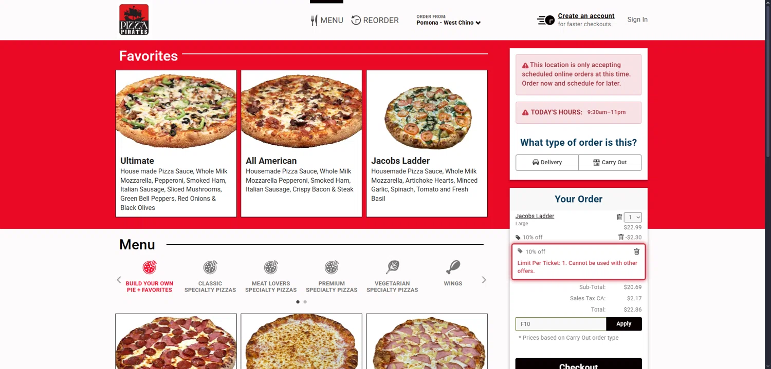 Pizza Pirates coupon code screenshot showing code F10 applied at Pizza Pirates checkout page. Uploaded by SimplyCodes community member Dorothy on Sep 26, 2025