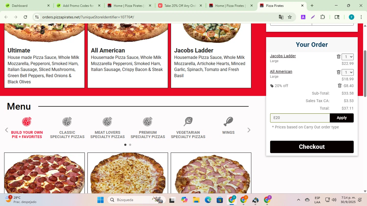 Pizza Pirates coupon code screenshot showing code E20 applied at Pizza Pirates checkout page. Uploaded by SimplyCodes community member yadiracg074 on Sep 30, 2025