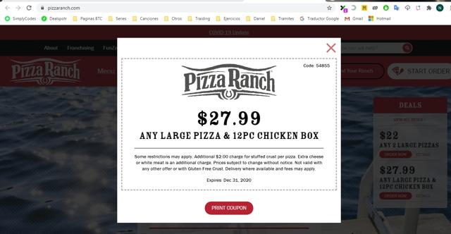 Pizza Ranch checkout page showing Pizza Ranch promo code box | Screenshot taken by SimplyCodes community member on Jul 29, 2020