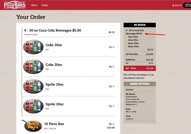 Pizza Ranch checkout page showing Pizza Ranch promo code box | Screenshot taken by SimplyCodes community member on May 15, 2020
