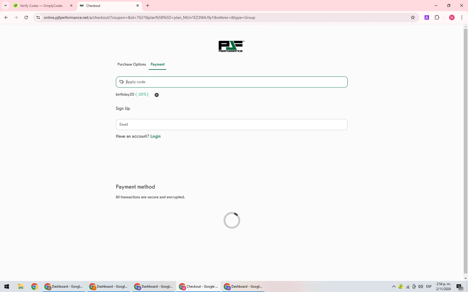 PJF Performance checkout page showing PJF Performance coupon code box | Screenshot taken by SimplyCodes community member on Nov 2, 2024