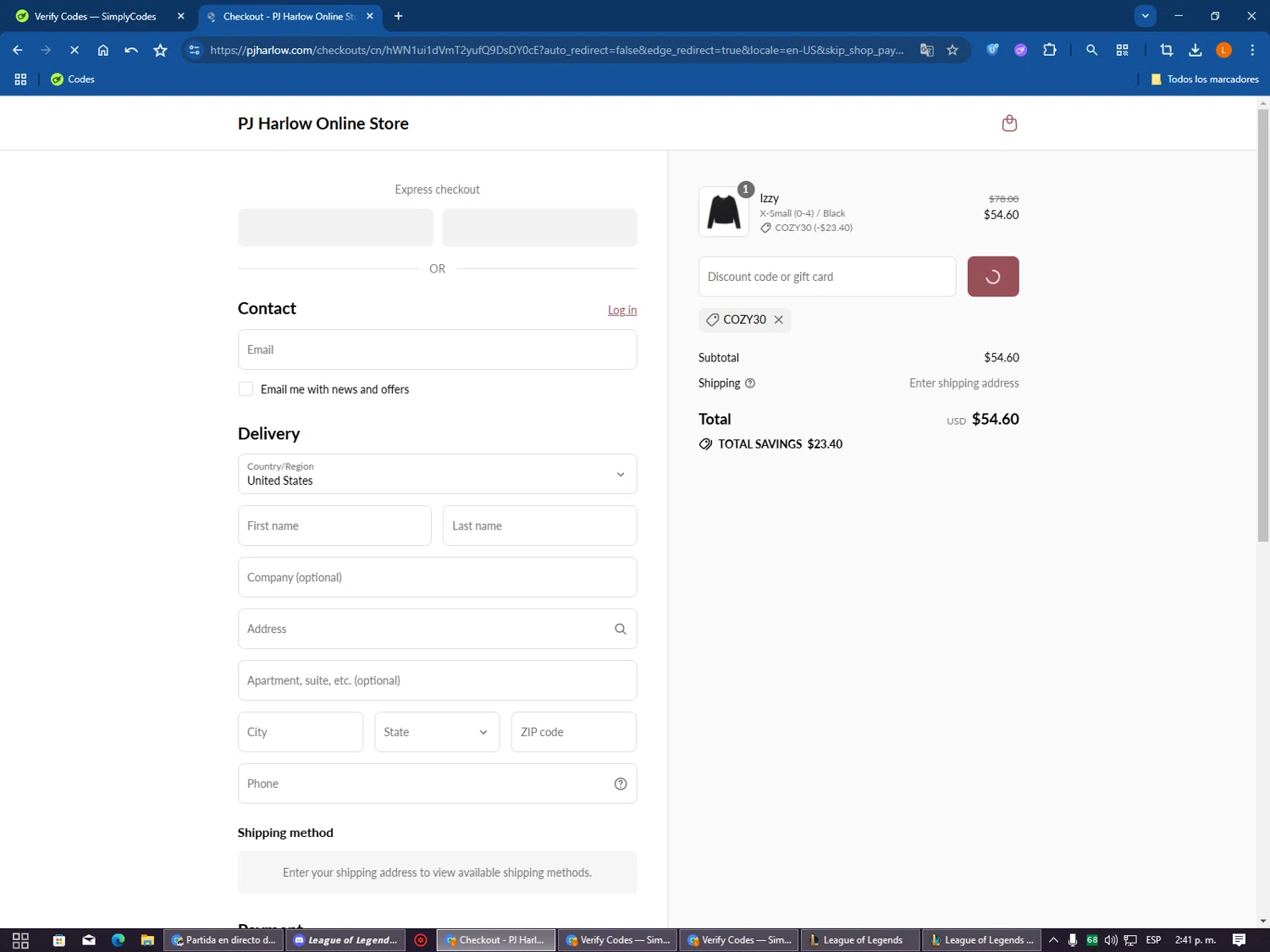 PJ Harlow promo code screenshot showing code COZY30 applied at PJ Harlow checkout page. Uploaded by SimplyCodes community member VictoriousSentinel2155 on Aug 17, 2025