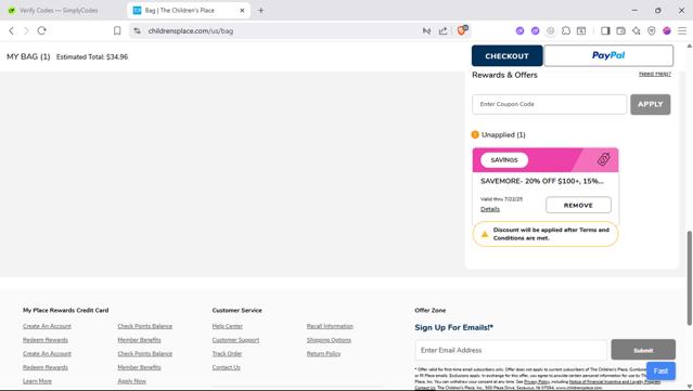 PJ Place checkout page showing PJ Place coupon code box | Screenshot taken by SimplyCodes community member on Jul 18, 2025