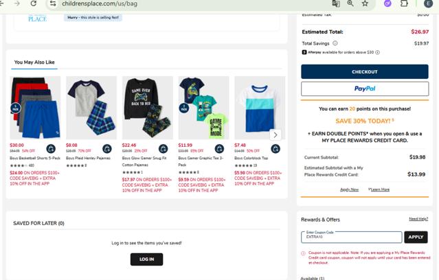 PJ Place checkout page showing PJ Place coupon code box | Screenshot taken by SimplyCodes community member on Jul 29, 2025