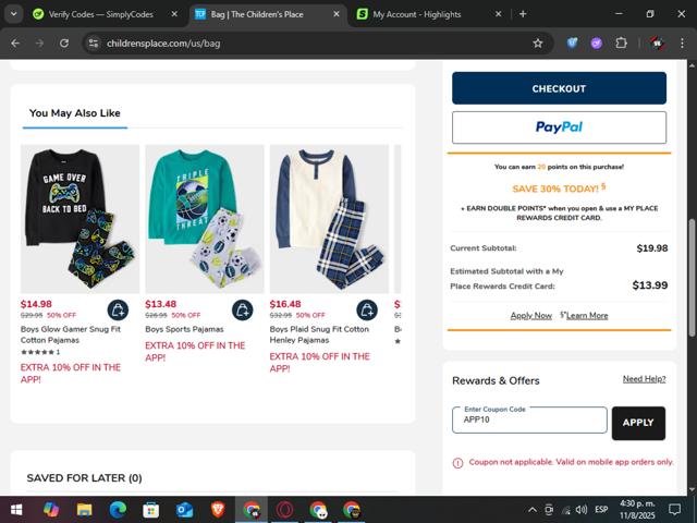 PJ Place checkout page showing PJ Place coupon code box | Screenshot taken by SimplyCodes community member on Aug 11, 2025