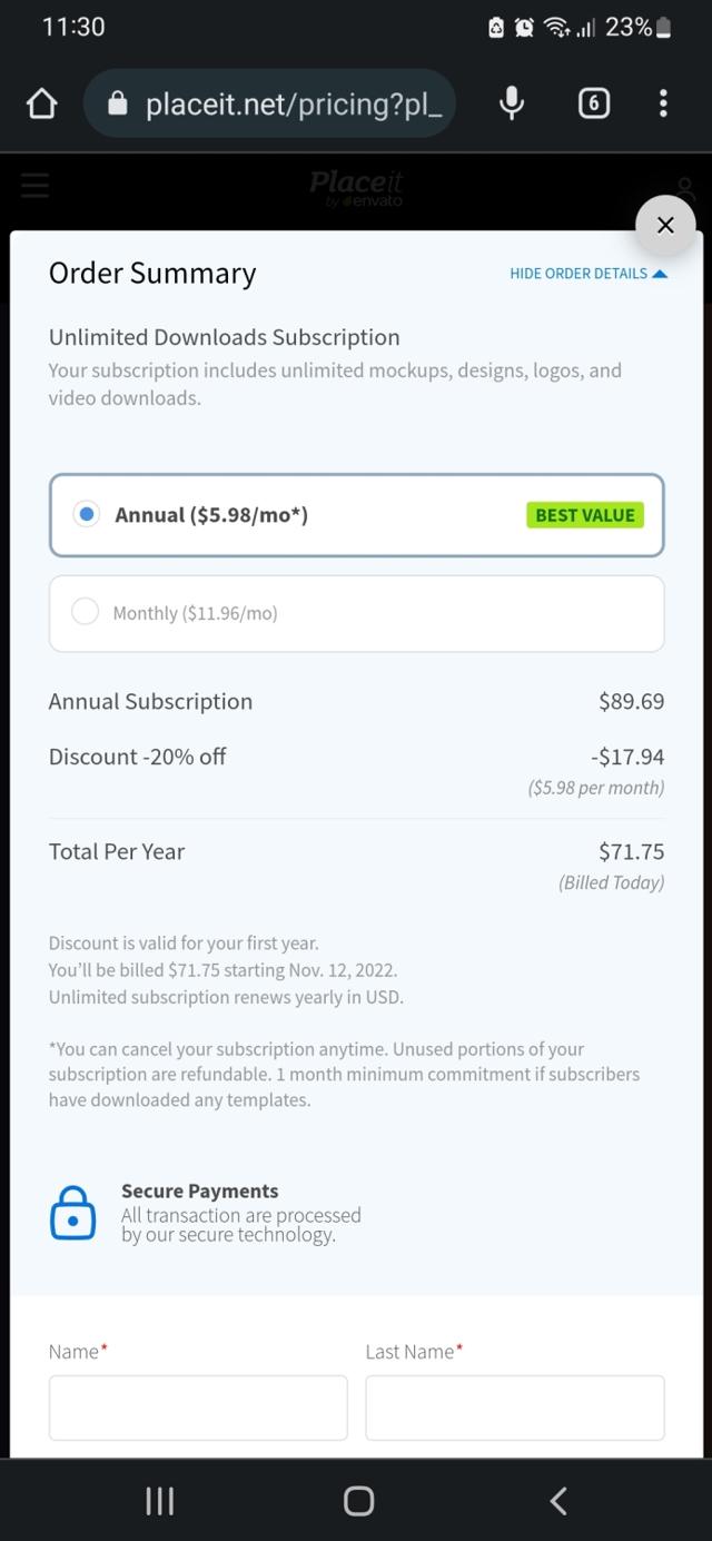 Placeit checkout page showing Placeit coupon code box | Screenshot taken by SimplyCodes community member on Nov 12, 2022