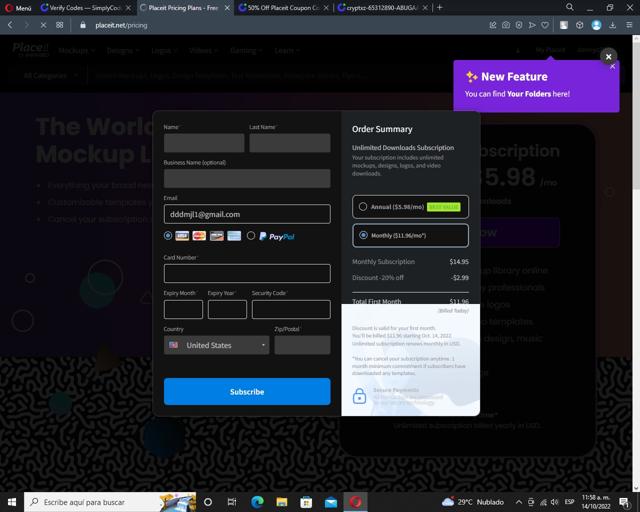Placeit checkout page showing Placeit coupon code box | Screenshot taken by SimplyCodes community member on Oct 14, 2022