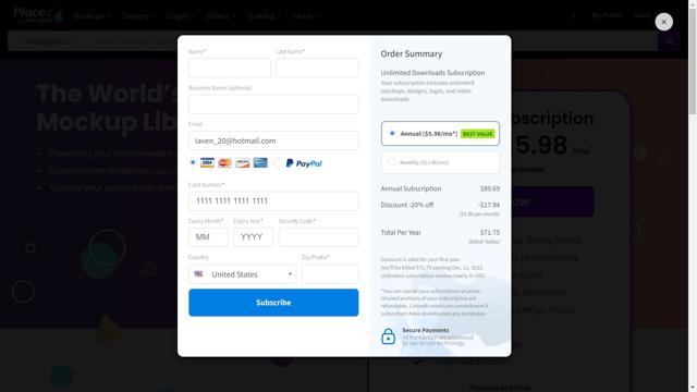 Placeit checkout page showing Placeit coupon code box | Screenshot taken by SimplyCodes community member on Dec 11, 2022