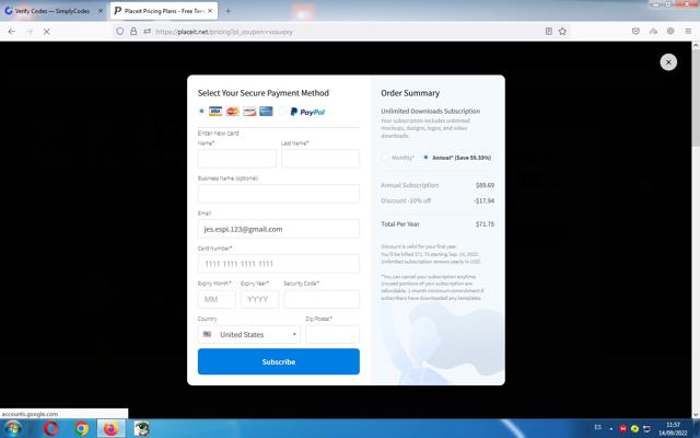 Placeit checkout page showing Placeit coupon code box | Screenshot taken by SimplyCodes community member on Sep 14, 2022