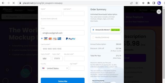 Placeit checkout page showing Placeit coupon code box | Screenshot taken by SimplyCodes community member on Oct 13, 2022