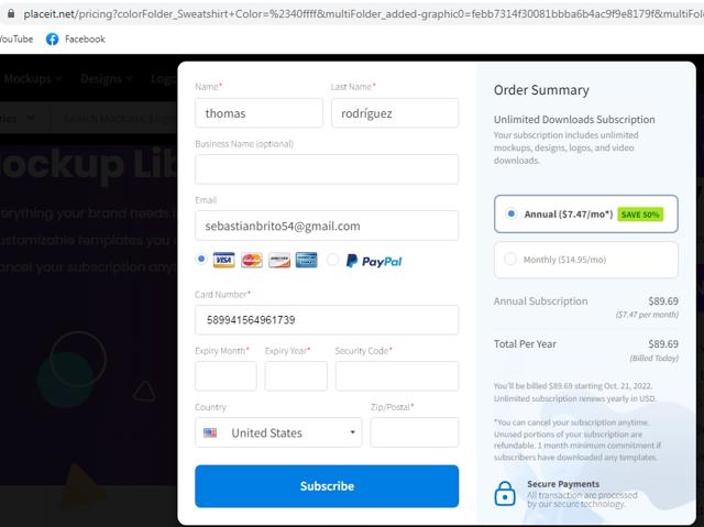 Placeit checkout page showing Placeit coupon code box | Screenshot taken by SimplyCodes community member on Oct 21, 2022