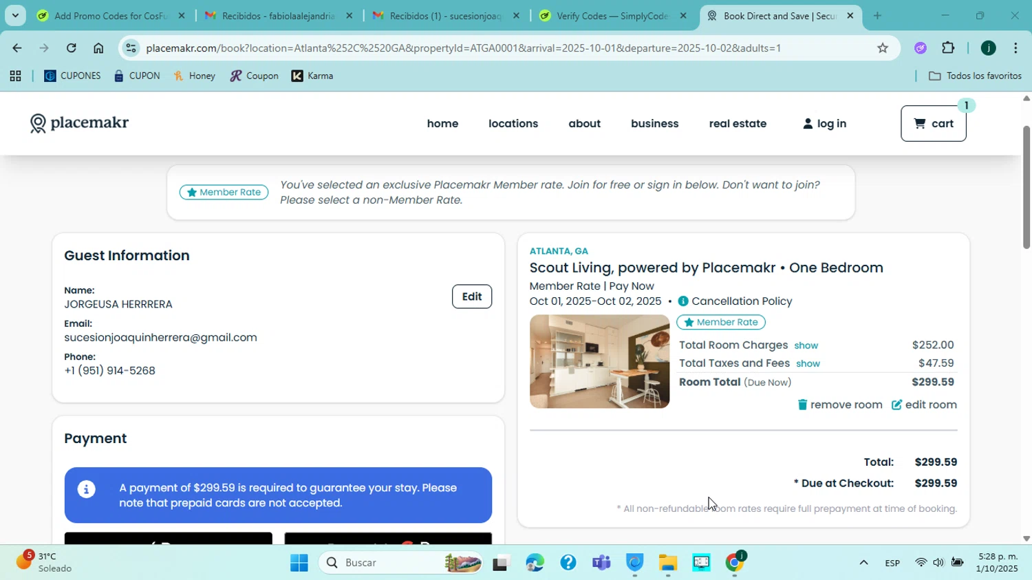 Placemakr promo code screenshot showing code PACEU22 applied at Placemakr checkout page. Uploaded by SimplyCodes community member jorgejavierherrera on Oct 1, 2025