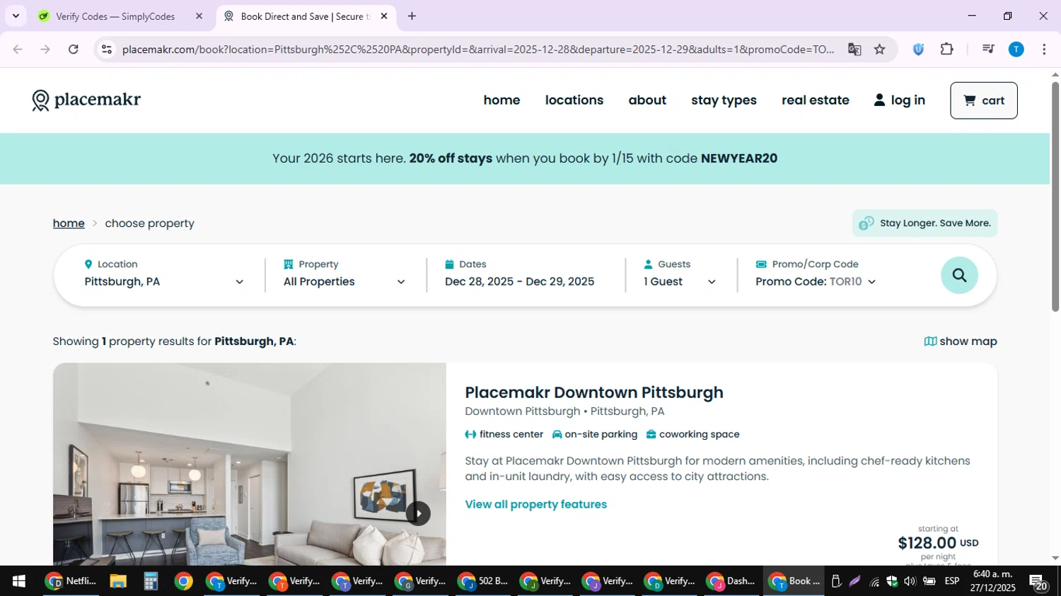 Placemakr promo code screenshot showing code TOR10 applied at Placemakr checkout page. Uploaded by SimplyCodes community member hankt1521 on Dec 27, 2025