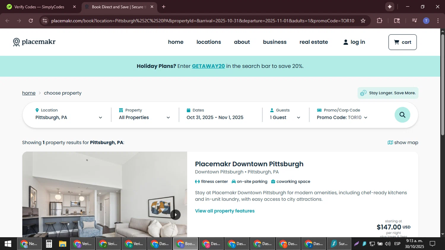 Placemakr promo code screenshot showing code TOR10 applied at Placemakr checkout page. Uploaded by SimplyCodes community member snidertom8 on Oct 30, 2025
