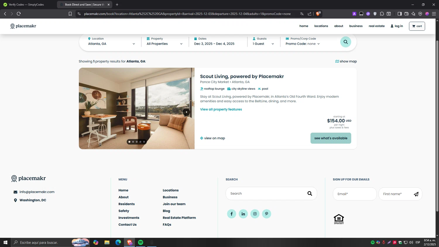Placemakr promo code screenshot showing code none applied at Placemakr checkout page. Uploaded by SimplyCodes community member Tragedy on Dec 2, 2025
